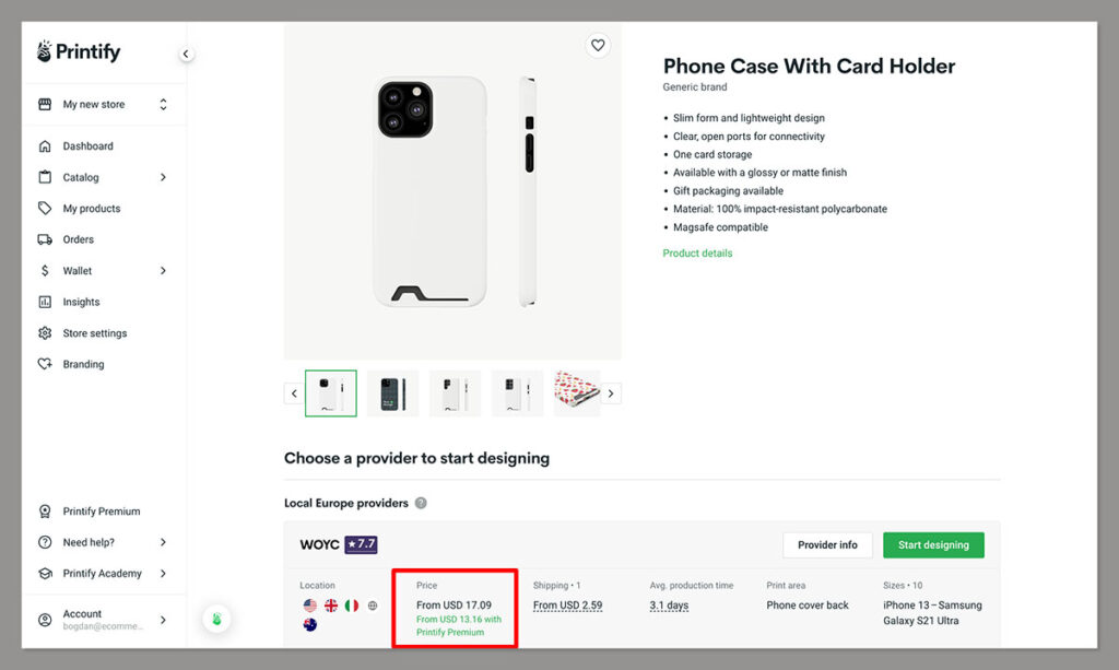 printify iphone case pricing example